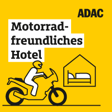 Motorradfreundliches Hotel für Biker und Motorradliebhaber Logo eines motorradfreundlichen Hotels mit einer Motorrad-Grafik und einem Bett, ideal für Bikerreisen.